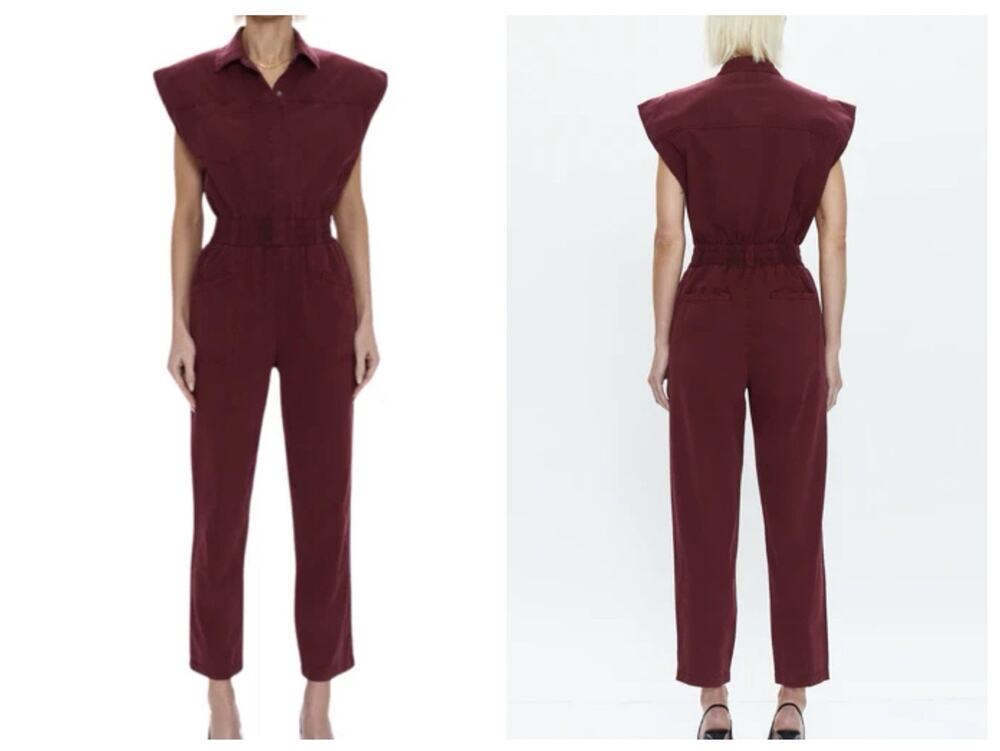 Pistola Women's Rosie Denim Utility Jumpsuit Smocked Waist Burgundy Size XS
